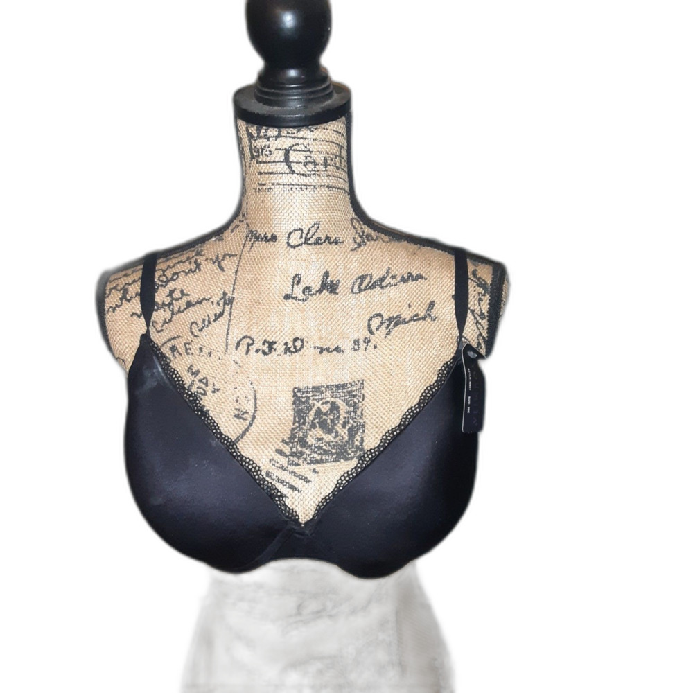 Youmita 38C Black Satin Lace Trim Coverage Bra NWT